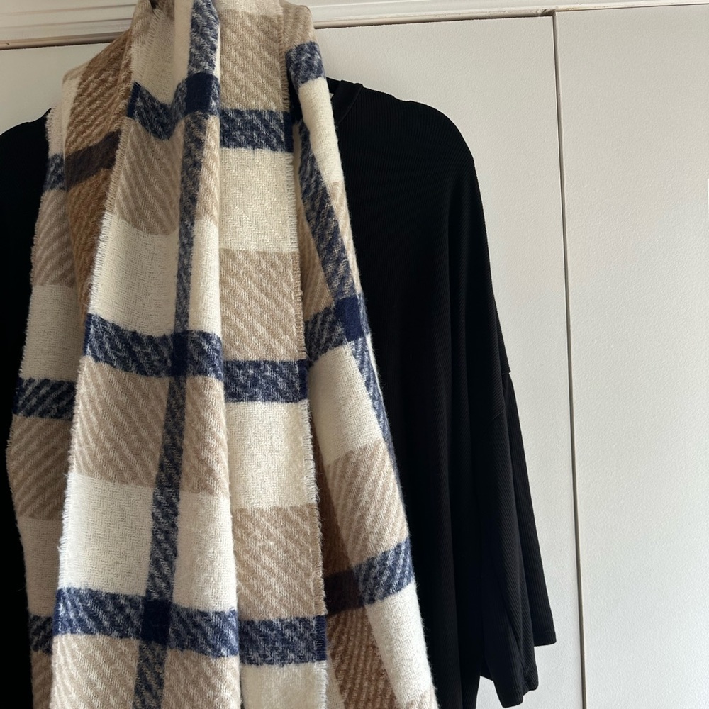 Plaid Scarf in Cream, Blue, and Brown - Picture 3 of 5